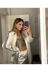 Beyaz Blazer Taşlı Saten Ceket - Pantolon Takım