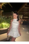 Beyaz Mini Elbise Taş Püsküllü After Party Tasarımı