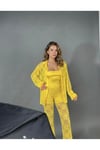 sarı dantel gomlek pantolon bluz 3 lü takım