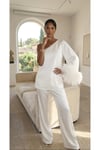 tek kol tüylü bluz pantolon takım