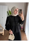 Kadın Etek Üstü Önü Bağcıklı Balon Kol Kısa Tesettür Gömlek Siyah