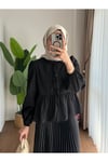 Kadın Etek Üstü Önü Bağcıklı Balon Kol Kısa Tesettür Gömlek Siyah