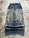Lacivert Taşlamalı Beyaz Tribal Baskılı Harjuku Y2k Unisex Baggy Kot Pantolon