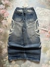 Lacivert Taşlamalı Beyaz Tribal Baskılı Harjuku Y2k Unisex Baggy Kot Pantolon