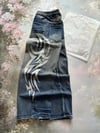Lacivert Taşlamalı Beyaz Tribal Baskılı Harjuku Y2k Unisex Baggy Kot Pantolon