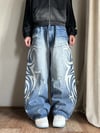 Lacivert Taşlamalı Beyaz Tribal Baskılı Harjuku Y2k Unisex Baggy Kot Pantolon