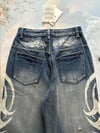 Lacivert Taşlamalı Beyaz Tribal Baskılı Harjuku Y2k Unisex Baggy Kot Pantolon