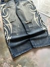 Lacivert Taşlamalı Beyaz Tribal Baskılı Harjuku Y2k Unisex Baggy Kot Pantolon
