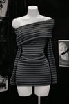 Omuz Dekolteli Çizgili Uzun Kollu Bodycon Elbise
