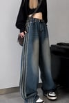 Retro Vintage Style Lacivert Taşlanmış Şeritli Baggy Kot