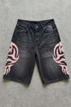 Siyah Taşlamalı Pembe Tribal Baskılı Y2K Unisex Baggy Şort