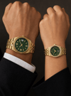 Altın Renk Yeşil Kadranlı Kadın-Erkek Çift Saat Seti