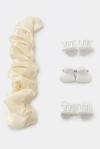 Krem Saten Scrunchie ve Beyaz Mini Mandal Saç Tokası Seti