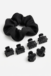 Siyah Saten Scrunchie ve Siyah Mini Mandal Saç Tokası Seti