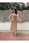 Kadın Kalın Askılı Midi Modern Keten Elbise