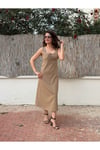 Kadın Kalın Askılı Midi Modern Keten Elbise