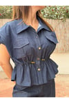 Kadın Lacivert Bel Büzgülü Düğmeli Denim Görünümlü Şık Bluz