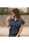 Kadın Lacivert Bel Büzgülü Düğmeli Denim Görünümlü Şık Bluz