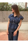 Kadın Lacivert Bel Büzgülü Düğmeli Denim Görünümlü Şık Bluz