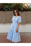 Mavi Fisto Balon Kol V Yaka Midi Boy Yazlık Kadın Elbise