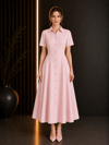 PEMBE İNCİ DETAYLI MİDİ ELBİSE