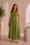Çiçek Detaylı Likra Saten Haki Yeşili Abiye Elbise