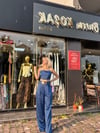 Kemer detaylı mavi saten pantolon