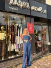 Kemer detaylı mavi saten pantolon