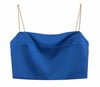 Mavi saten taş askılı crop bluz
