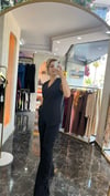Siyah inci detaylı kruvaze yelek pantolon takım
