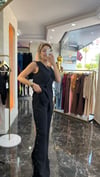 Siyah inci detaylı kruvaze yelek pantolon takım