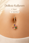 Deliksiz Multicolor Çiçek Göbek Piercingi Klipsli Çelik Zirkon Taşlı