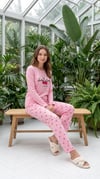 KADIN PEMBE KİRAZ BASKILI UZUN KOLLU MODAL KUMAŞ PİJAMA TAKIMII.