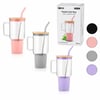 1000 ml Cam Matara Kupa Bardak - Bambu Kapaklı - Silikon Kılıflı - Çelik Pipetli