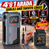4'ü 1 Arada Şarjlı Akü Takviye Cihazı 150 PSI Hava Kompresörü Powerbank LED Fener + Bluetooth OBD2 Arıza Tespit Cihazı Hediyeli