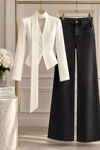 Fular Detaylı Crop Ceket Ekru