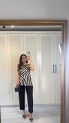 Saten Tek Omuz Çizgili Bluz Siyah