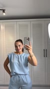 Tancel Kumaş Vatkalı Bluz Pantolon Takım Mavi