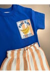 Saks Mavi Banana Tişört Çizgili Müslin Pantolon İkili Takım