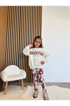 Kız Çocuk Boston Yazılı Sweatshirt & Flare Tayt Takım – Bordo/Ekru – %100 Pamuk