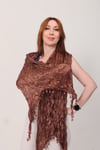 Shawl: Lüks Saten İpek Kahverengi Krinkle Şal (68x190 cm)