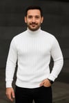 Erkek Balıkcı Yaka Bağazlı Triko Kazak Pamuklu Kalın Fitilli Dokuma, Regular Fit Uzun Kollu Kışlık Model - Beyaz