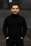 Erkek Balıkcı Yaka Bağazlı Triko Kazak Pamuklu Kalın Fitilli Dokuma, Regular Fit Uzun Kollu Kışlık Model - Siyah