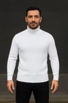 Erkek Balıkcı Yaka Bağazlı Triko Kazak Pamuklu Kalın Fitilli Dokuma, Regular Fit Uzun Kollu Kışlık Model - Beyaz
