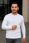 Erkek Bisiklet Yuvarlak Yaka Triko Kazak Pamuklu Kalın Fitilli Dokuma, Regular Fit Uzun Kollu Kışlık Model - Beyaz