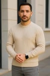 Erkek Bisiklet Yuvarlak Yaka Triko Kazak Pamuklu Kalın Fitilli Dokuma, Regular Fit Uzun Kollu Kışlık Model - Bej