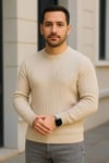 Erkek Bisiklet Yuvarlak Yaka Triko Kazak Pamuklu Kalın Fitilli Dokuma, Regular Fit Uzun Kollu Kışlık Model - Bej