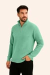 Erkek Fitilli Triko Kazak 2’li Set –  Mint Yeşili - Siyah, Kalın Dokuma Pamuklu Regular Fit V Yaka Fermuarlı Uzun Kollu Rahat Kışlık Kazak Kombini