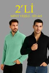 Erkek Fitilli Triko Kazak 2’li Set –  Mint Yeşili - Siyah, Kalın Dokuma Pamuklu Regular Fit V Yaka Fermuarlı Uzun Kollu Rahat Kışlık Kazak Kombini