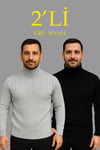 Erkek Fitilli Triko Kazak 2li Set Gri Siyah Regular Balıkcı Yaka Tam Boğazlı Triko Seti Modeli Kazak